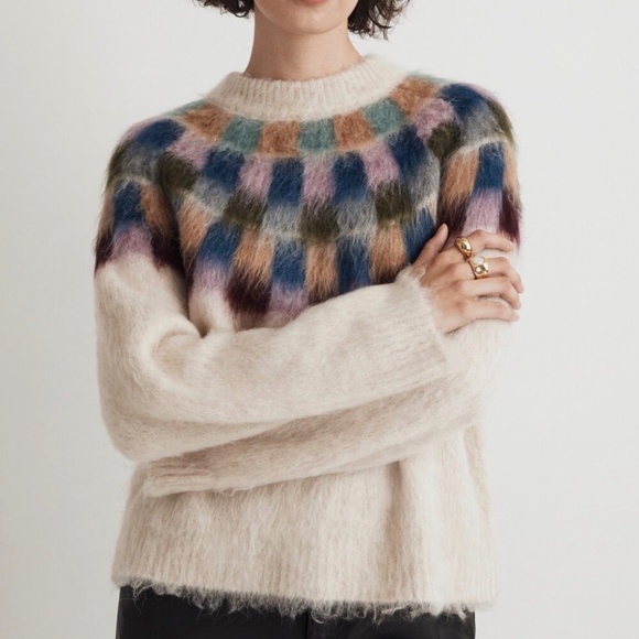 Madewell Brushed Checkerboard Fair Isle Oversized Sweater Ivory Multi Women’s S - Picture 2 of 12